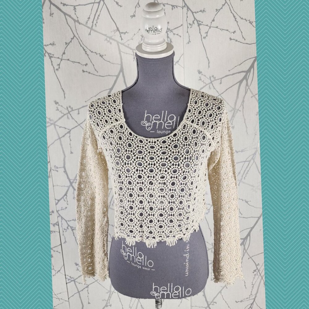 LA Hearts Ivory 100% Cotton Crochet Cropped Pullover